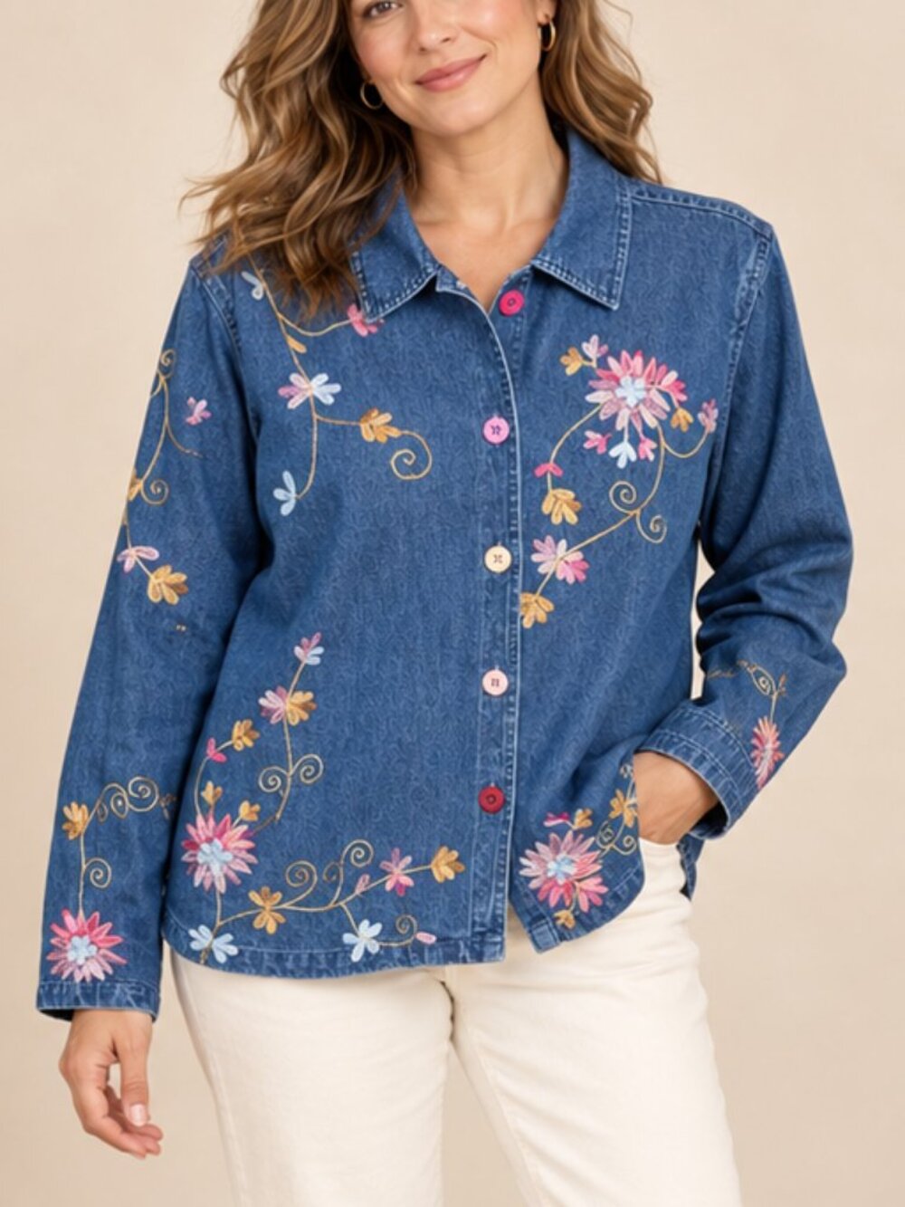Vintage New Directions Embroidered Denim Jacket Floral Boho Cottagecore Size XL
